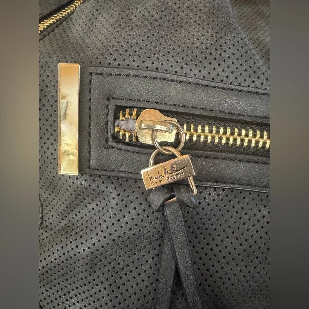 Nicole Miller New York Classic Black Hobo Bag with Gold Accents